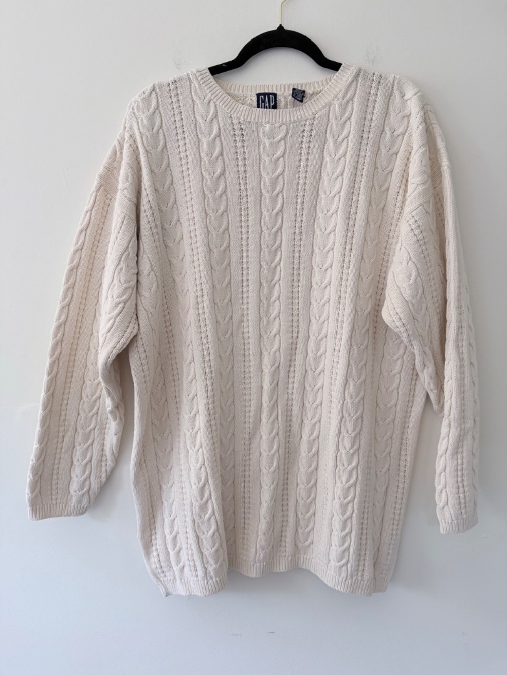 Vintage GAP Cotton Cable Knit Crew Neck Sweater Cream Popover Oversized Preppy
